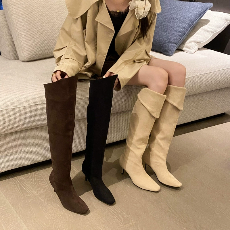 2024 осень и зима новые маленькие квадратные каблуки европейские и американские модные сапоги на высоких каблуках