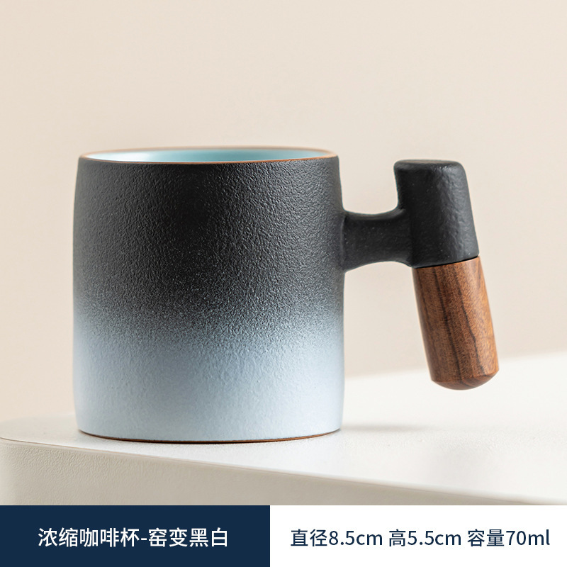 Mango de madera taza de café té taza de té gradiente esmalte exquisita cerámica pequeña taza de regalo caja de regalo traje al por mayor