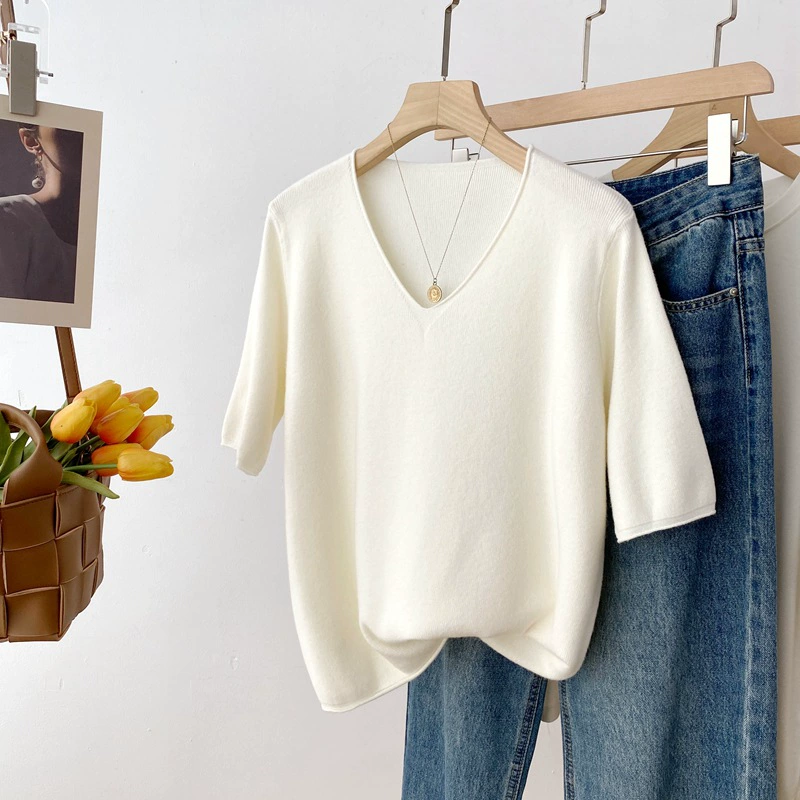 24 Ранние осенние новые рекомендуемые корейские вязаные свитера с короткими рукавами с V-образным вырезом