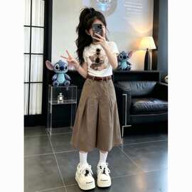 女童夏装工装七分裤T恤两件套2026新款中大童韩版卡通上衣套装潮
