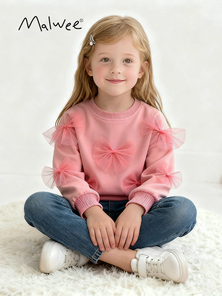 Sudadera de niña malwee transfronteriza otoño e invierno nuevo estilo europeo y americano, camiseta de cuello redondo para niños pequeños y medianos, camisa de manga larga, jersey