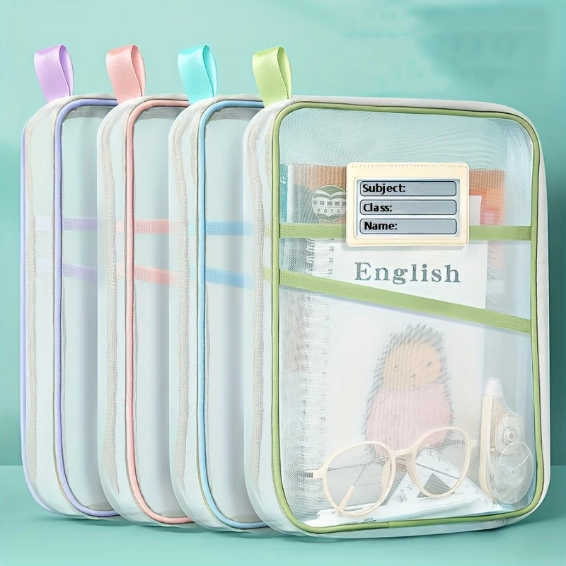 Thickened L-shaped document bag with zipper, large capacity, student tote bag for exam papers, mesh transparent three-layer subject bag