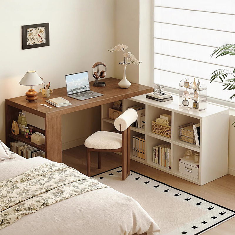 Cream-Colored Corner Desk with Integrated Bookshelf, Home-Use Student Study Desk, Bedroom Vanity Table, L-Shaped Solid Wood Computer Desk
