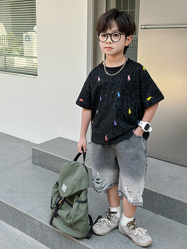 7378 Traje de verano para niños Camiseta de manga corta de dibujos animados para niños coreanos Pantalones vaqueros para bebés Pantalones cortos de verano Ropa delgada 3