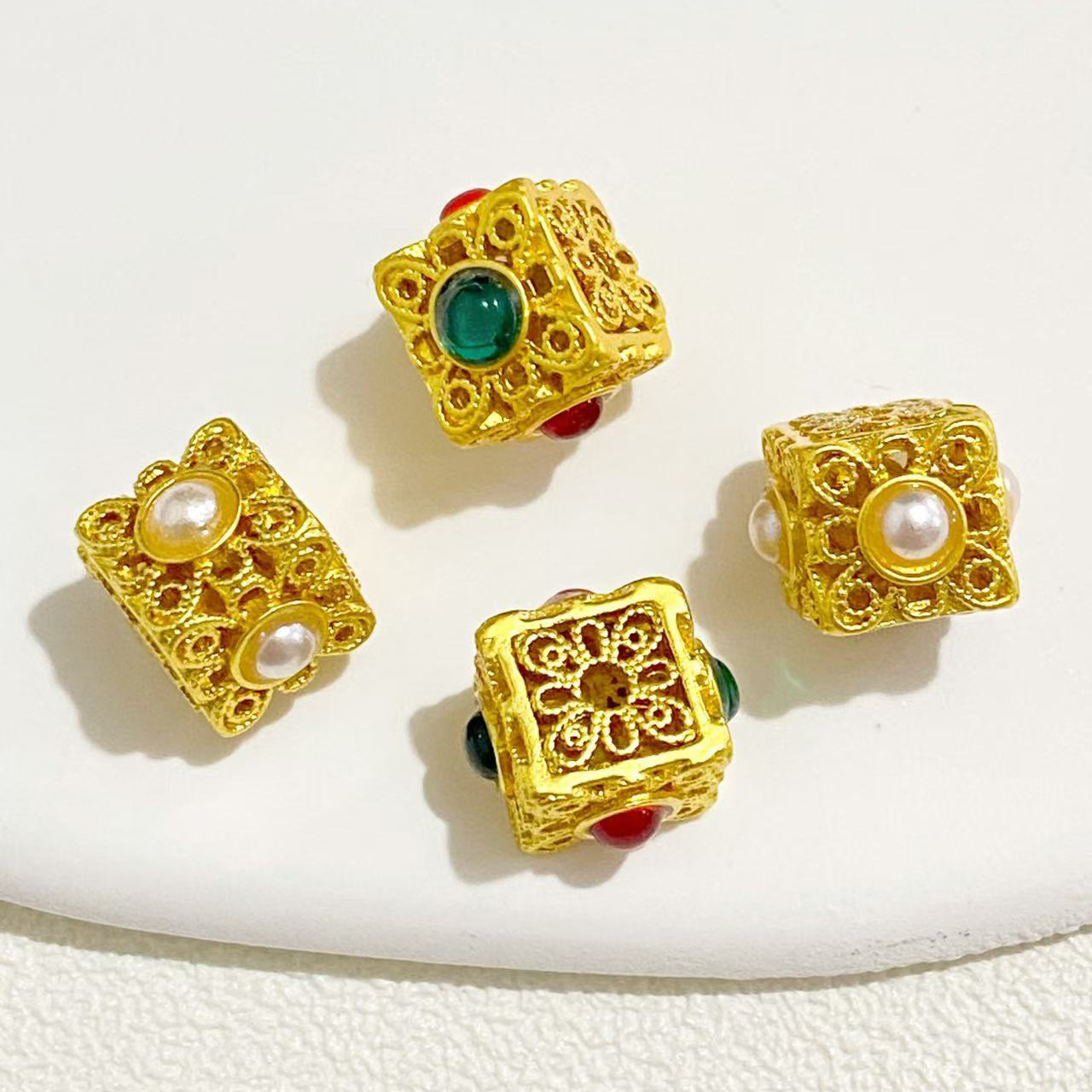 高保色古法金镶嵌仿宝石四方隔珠转运珠散珠diy项链手链饰品珠宝