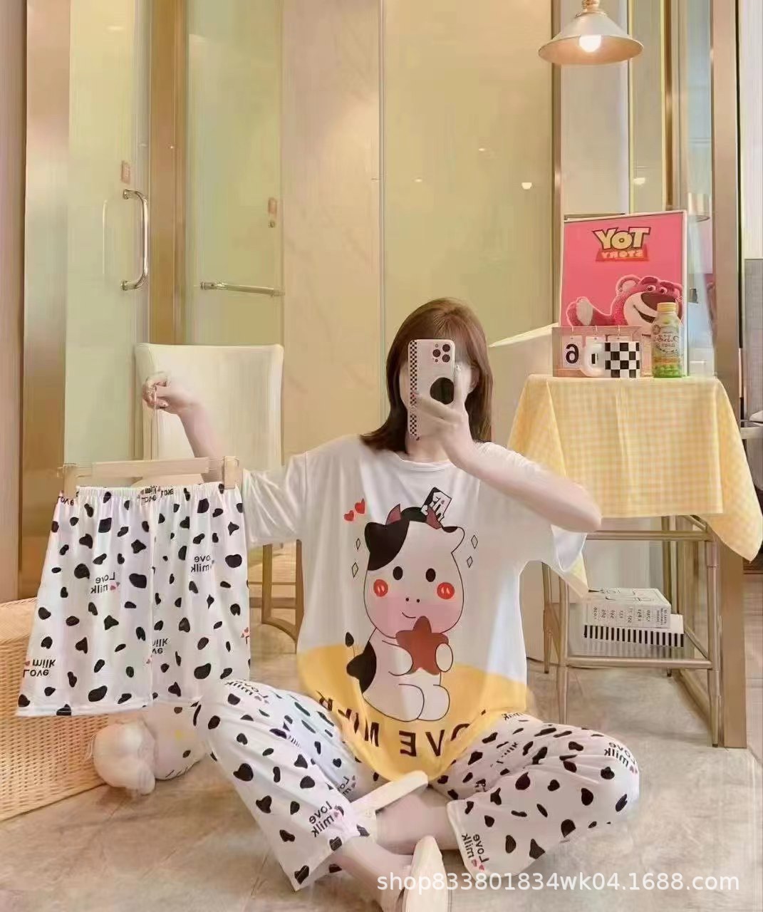 Pijamas transfronterizos de leche de verano pantalones de manga corta tres piezas de dibujos animados lindos ropa de hogar de comercio exterior de labu
