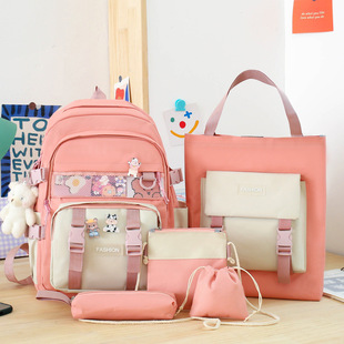 New Five-piece Schoolbag Women's Korean-style Harajuku Style Color Matching Large Capacity Junior High School Student Backpack Middle School Student Backpack