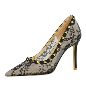 1963-11 European and American style sexy lace mesh pointed super high heels women's shoes with rivet decoration sha