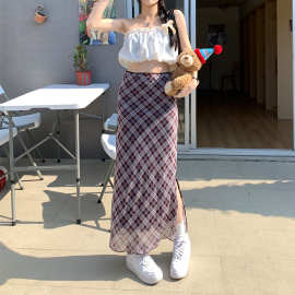 2024新款阳光少女日记弹力格纹中长裙女个性高街美式复古百搭长裙