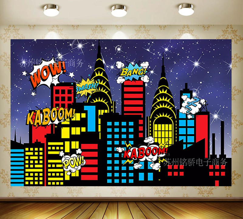 City hero Spider-man high-rise night sky building birthday theme party decoration photography background cloth banner