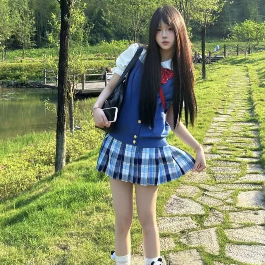 JK制服原创宝蓝色开衫马甲叠穿花边领衬衫百搭蓝格子裙新款一整套