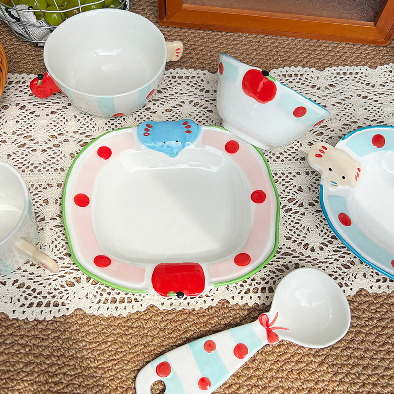 Apple Elephant Ceramic Tableware Set Soup Spoon Rice Bowl Double-Eared Bowl Plate Mug Deep Dish Plate Instant Noodle Bowl Noodle Plate