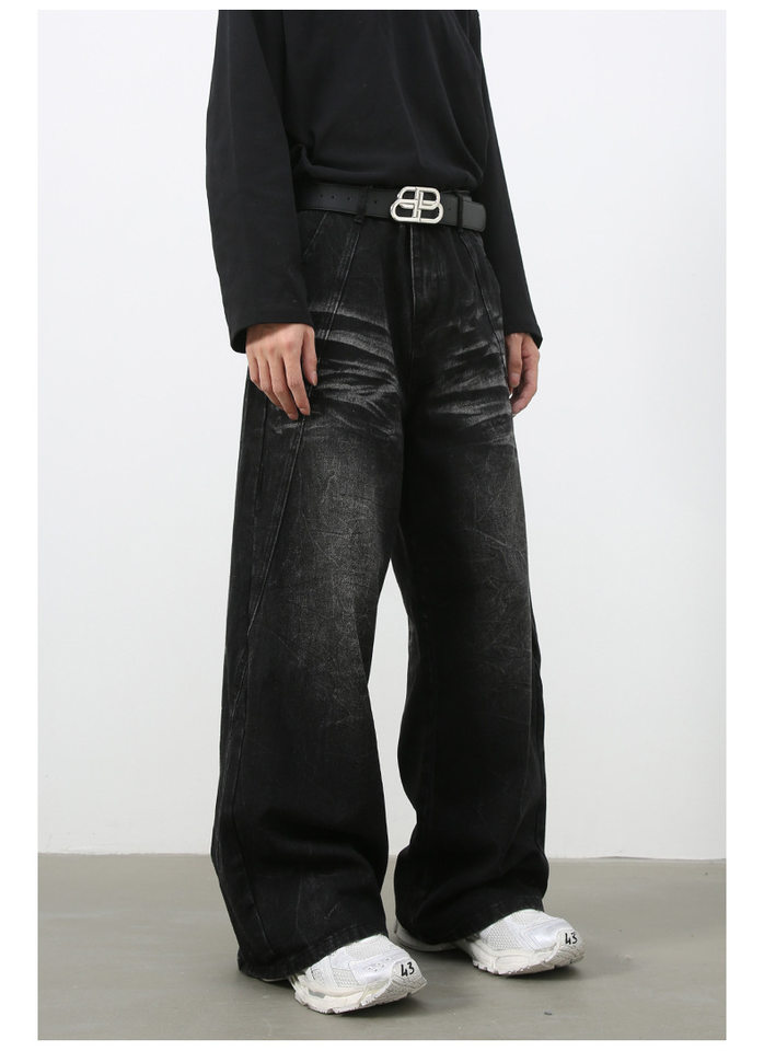 Quần jean nam ống đứng rộng rãi phối mảng giải cấu trúc, denim giặt nước — Đen xám chi tiết 8