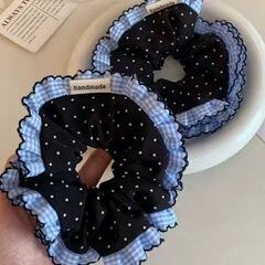 甜美波点蓝色格纹花边大肠发圈韩系时尚百搭扎丸子头发绳头绳发饰