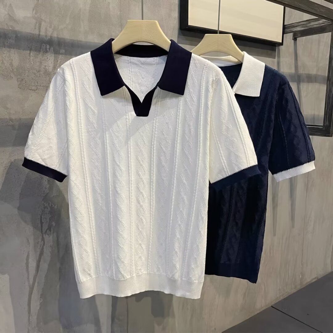 Lightly Mature Trendy Men's Polo Shirt Men's Summer Breathable Colorblock Lar Sweater Stretch Jacquard Texture Slim-Fit Short Sleeve