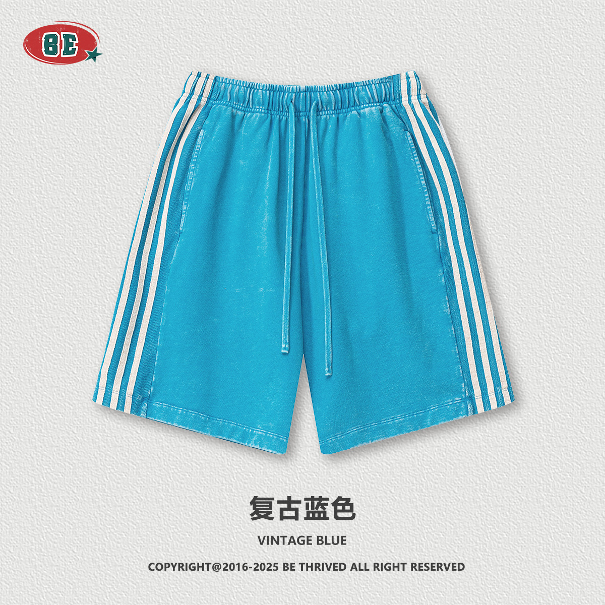 BE Men's Wear 2025 Summer Europa y Estados Unidos marca de moda lavado pantalones cortos casuales sueltos laterales de tres barras de gran tamaño pantalones de cinco puntos hombres