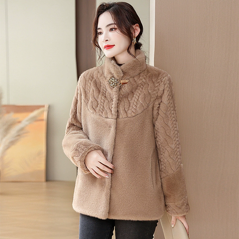 Средне-Элитная зимняя шуба из искусственной норки со встроенным мехом и воротником-стойкой, свободная шуба для среднего и пожилого возраста, закрывающая живот