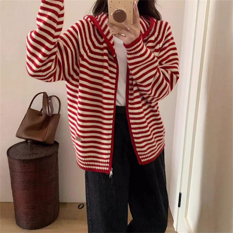 韩系条纹连帽双拉链针织开衫女秋冬新款撞色宽松外穿慵懒毛衣外套|undefined