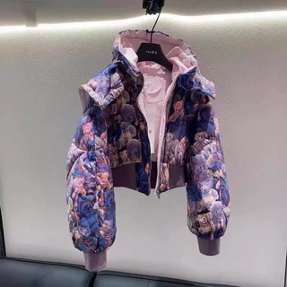 女童冬季新款棉服2025年韩版新款韩版印花翻领连帽短款羽绒棉棉服