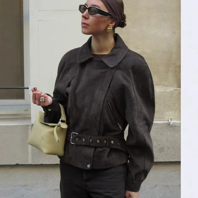 Трансграничная европейская и американская мода AliExpress, популярная модная универсальная замшевая куртка в мотоциклетном стиле с поясом