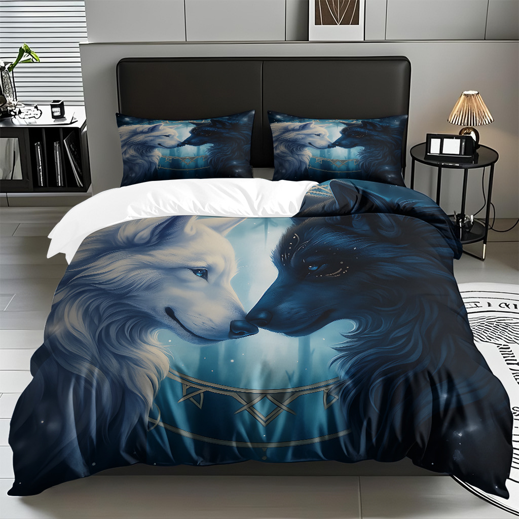 TEMU / JIT adaptado al patrón de lobo impresión digital set edredón molido textil transpirable para dibujar puede hacer