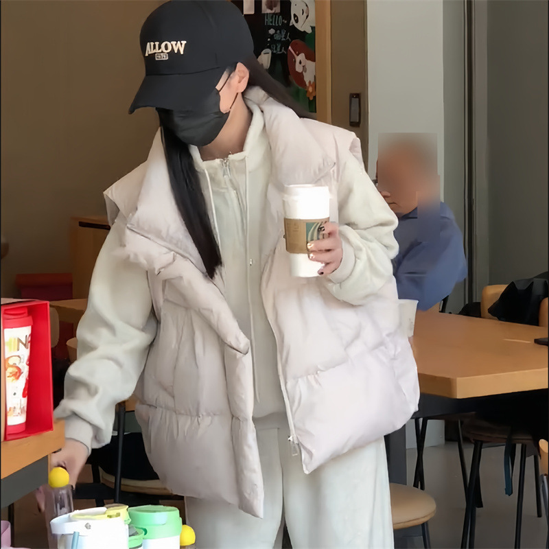수직 칼라 사이드 포켓 짧은 다운 코튼 조끼 여성의 가을과 겨울 새로운 스타일 민소매 조끼 클립 유행 탑