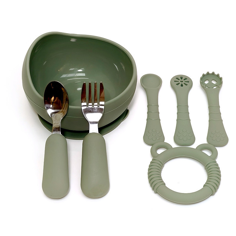올리브 그린 (어린이 그릇 + 곰 치발기 + 원형 포크 + 트레이닝 포크와 스푼)
