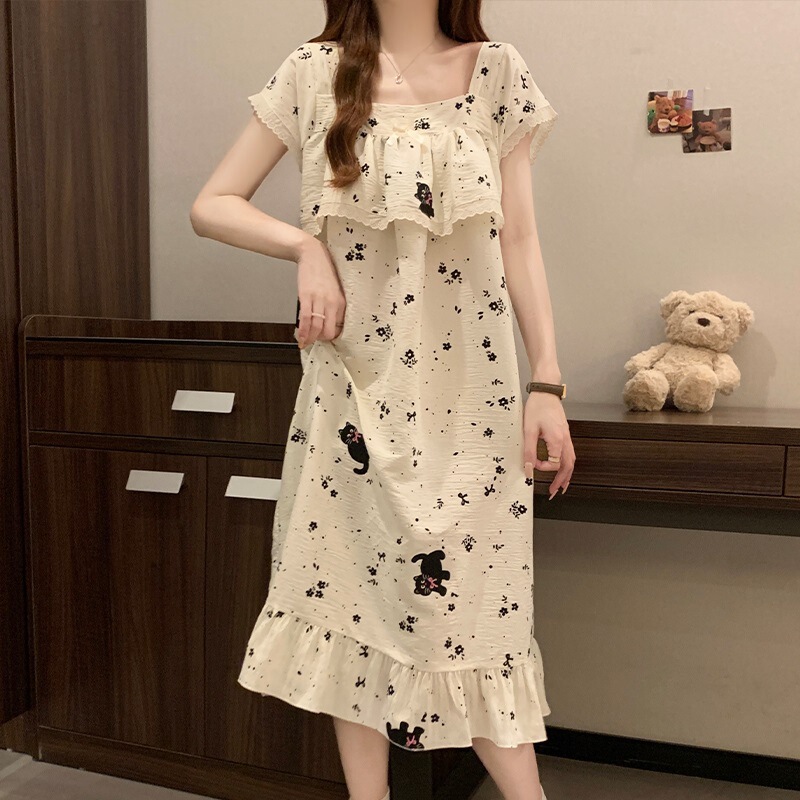 女性のためのナイトガウン夏半袖クラウドコットンラブスウィートガール 2025 新しい夏薄い女性のパジャマドレス|undefined