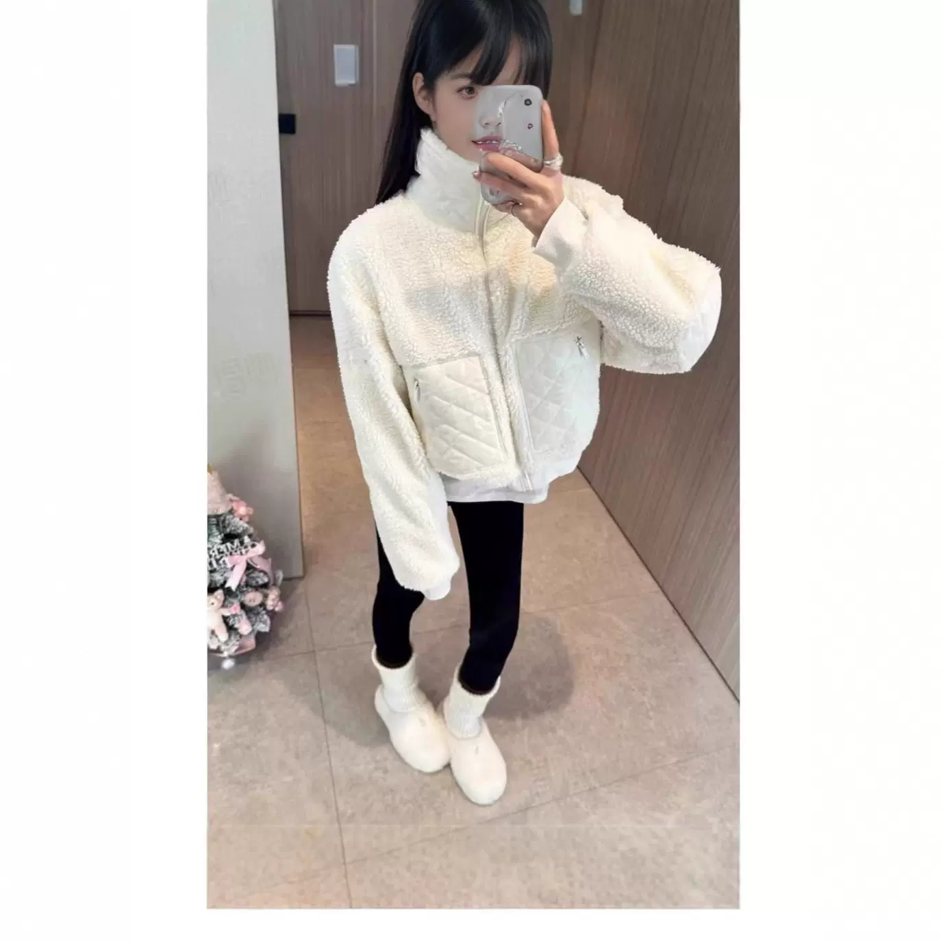 现货ALOANGT秋冬棕色羊羔毛连帽短外套保暖运动休闲立领拉链夹克