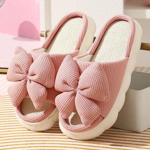 Butterfly knot linen slippers for women, summer home, anti-slip, daily breathable indoor, thick sole linen slippers for men