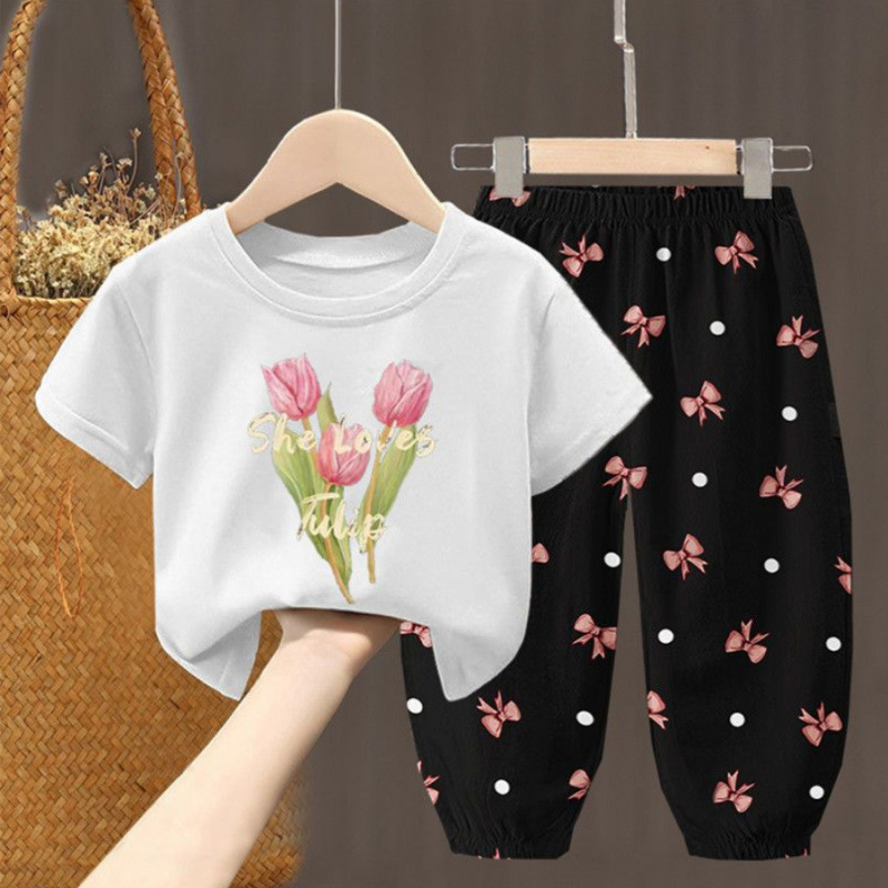 子供服女の子夏のリボンスーツ新しいスタイルファッショナブルな花のファッショナブルな夏服女の子シングル/ツーピース|undefined
