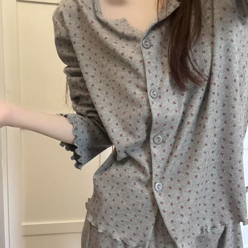 Korean Floral Ice Silk Threaded Pajamas for Women Spring & Fall V Neck Cardigan Long-Sleeved Pants Sweet Lace Home Wear Set