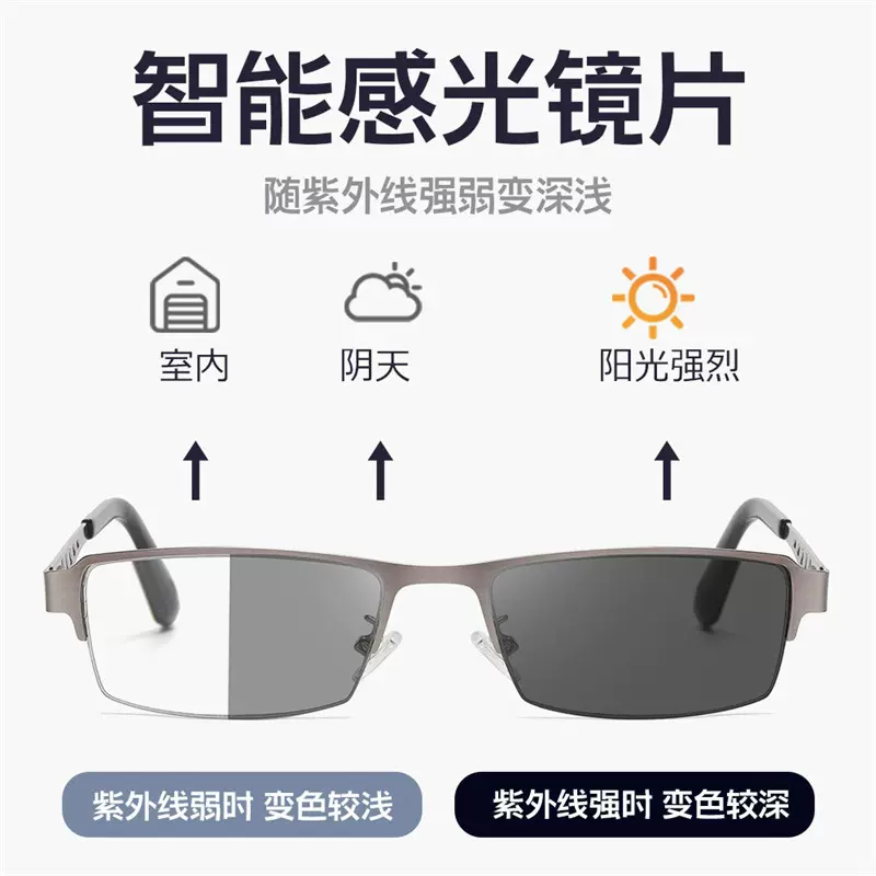 简约多焦点老花眼镜男商务金属半框防蓝光眼镜远近两用变色平光镜