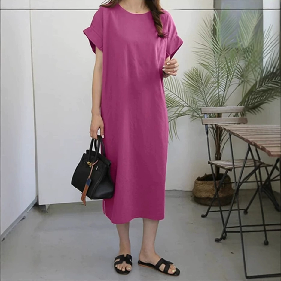 Независимая станция Amazon, европейское и американское трансграничное женское повседневное однотонное длинное платье с круглым вырезом и короткими рукавами и разрезом для женщин