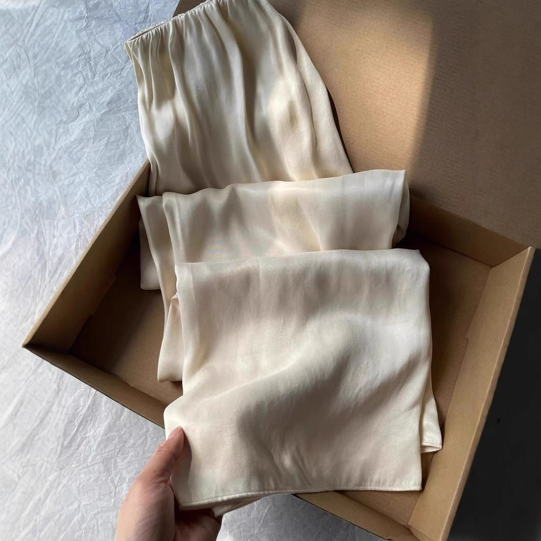 가벼운 고급스러움~살구색 큐프로 실크 와이드 팬츠 여성용 2026 신상 하이엔드 드레이핑 슬리밍 캐주얼 팬츠