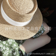平沿帽子女夏海边平顶草帽沙滩法式遮阳防晒巴拿马草编织礼帽