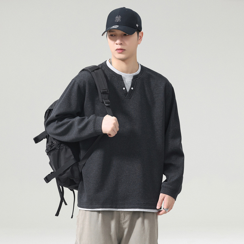 American-style trendy brand men's faux two-piece sweatshirt, 2026 spring/autumn season, henley collar, long-sleeve top, versatile plus-size t-shirt American-style trendy brand men's faux two-piece sweatshirt, 2026 spring/autumn season, henley collar, long-sleeve top, versatile plus-size t-shirt