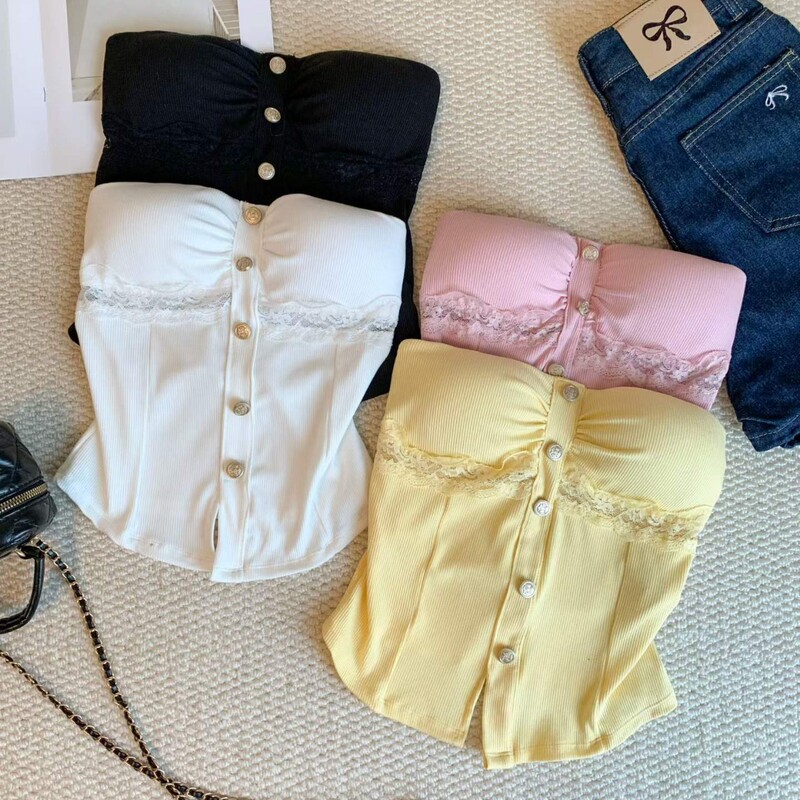 Pure Desire Hot Girl Lace Button Backless Tube Top Non-Slip Vest with Chest Pads Slim Fit Inner Wear Outer Wear Slit Top Pure Desire Hot Girl Lace Button Backless Tube Top Non-Slip Vest with Chest Pads Slim Fit Inner Wear Outer Wear Slit Top