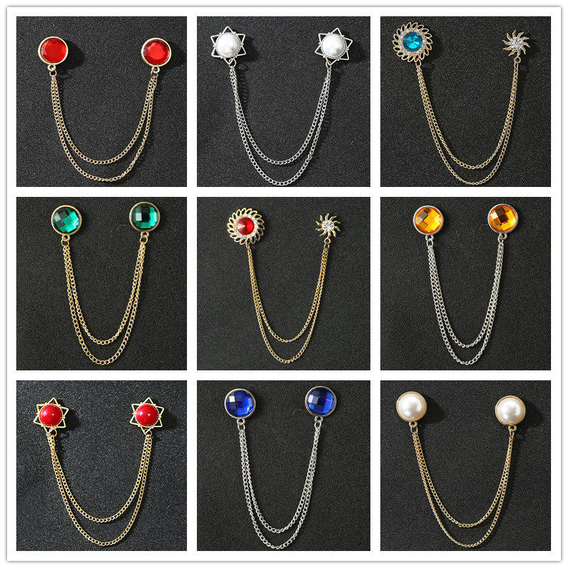 Amazon cross-border hot selling men's popular chain brooch six-pointed star Ruby shirt neckline collar pin