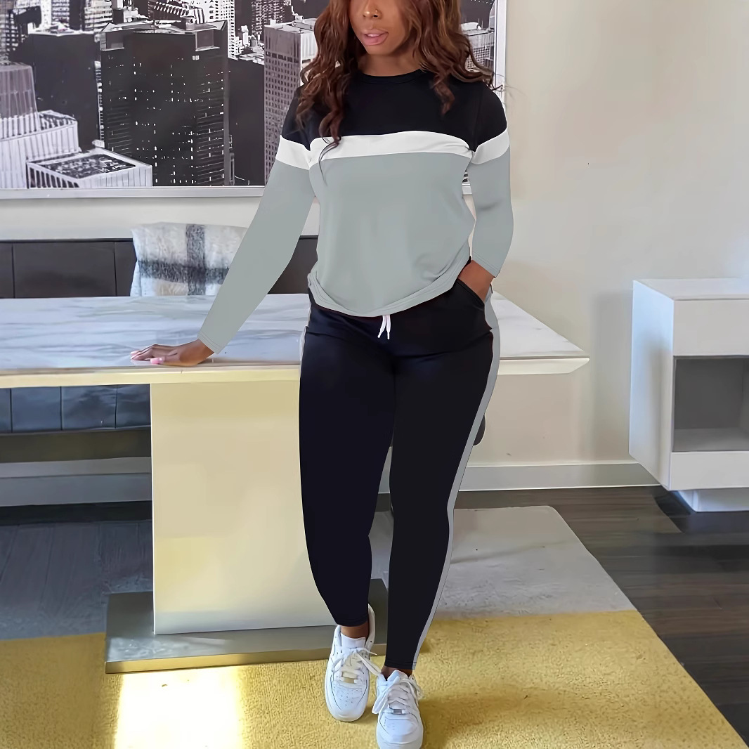 Women's Color-Block Lounge Set - Long Sleeve T-Shirt & Drawstring Joggers Two-Piece Outfit, Comfortable Casual Fall Winter Coordinated Ensemble_voghion.com