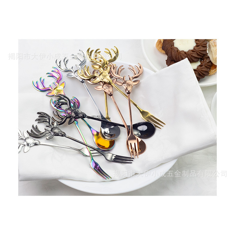 304 스테인레스 스틸 엘크 입체 양각 차 스푼 차 포크 만화 스푼 크리스마스 밀크 티 하우스 차가운 음료 교반 스푼 도매