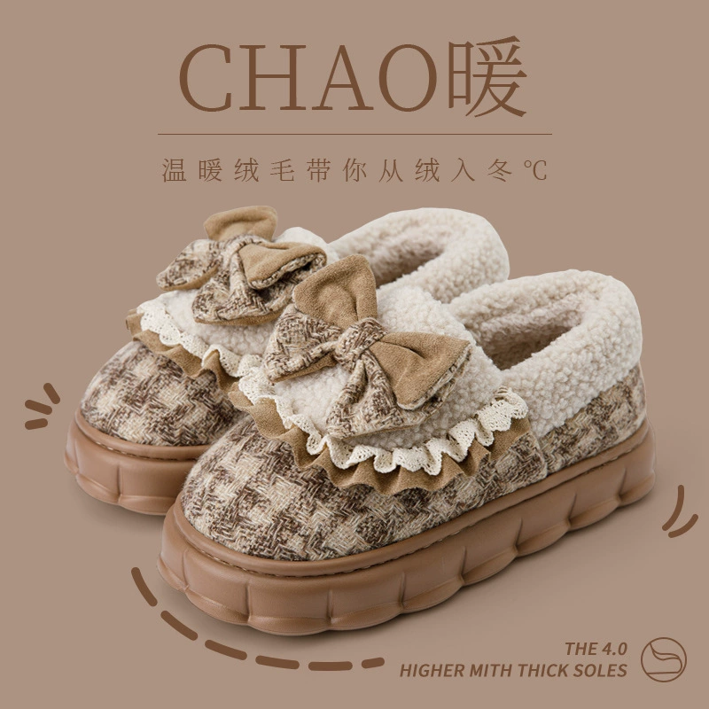 Бант хлопчатобумажные тапочки женский зимний 2024 новый крытый домашний толстый дно плюс бархат теплые тапочки зимой
