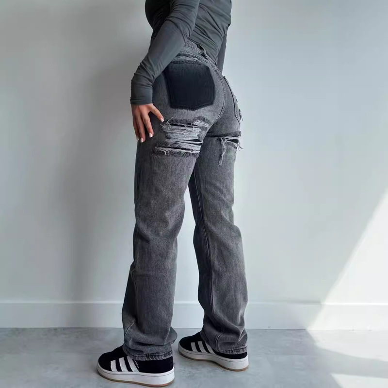 European and American supply light blue low waist American straight ripped pants jeans Women's Small 2024 New Spring