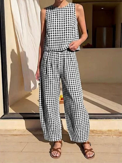 2026 European and American Cross-Border Women's Clothing Amazon New Summer Plaid Sleeveless Top and Wide-Leg Pants Matching Casual Set