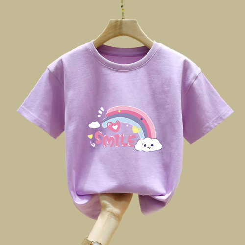 2414# Girls Rainbow Half-Sleeve Summer Medium and Large Children's Short-Sleeve Pure Cotton T-shirt School Uniform Children's Clothing Boys Cartoon T-shirt