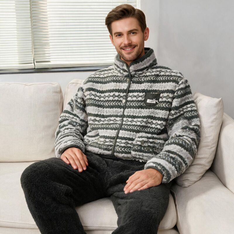 Men's Gray and Black Striped Fleece Pajamas, Thickened for Autumn and Winter, Stand-up Collar, Zippered, Two-piece Home Set Men's Gray and Black Striped Fleece Pajamas, Thickened for Autumn and Winter, Stand-up Collar, Zippered, Two-piece Home Set
