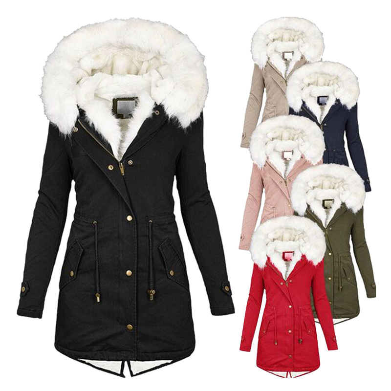 European and American Cross-Border New Women's Cotton-Padded Jacket with Hooded Fur Collar, Waist-Cinching, Thickened Mid-Length Women's Plus-Size Cotton Coat