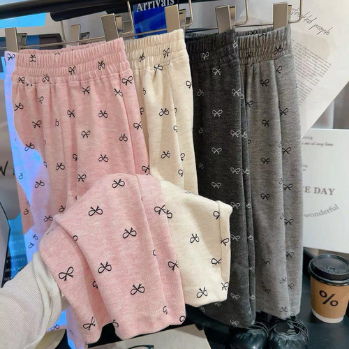 Baby Elastic Straight Leg Casual Long Pants with Bowknot Top for Girls, Spring and Autumn Printed Wide Leg Pants