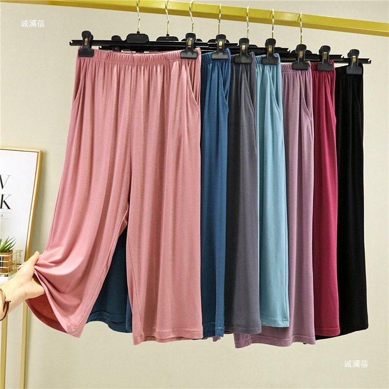 Modal Wide-Leg Pants for Women, Summer High-Waisted Thin Loose Pocket Cropped Pants, Versatile Plus-Size Home Casual Pants