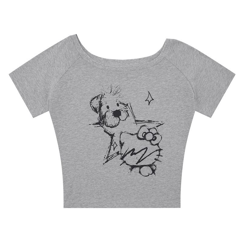 Men's Clothing, Childlike and Cute Cartoon Puppy Print Slanted Shoulder Women's Summer Sexy Subculture Off-Shoulder Short-Sleeved T-Shirt